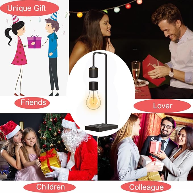 Magnetic Levitating Light Bulb with Luxury Wireless Charging Pad (Apple/Android) Levitation Plastic Black Floating Table Lamp White LED Night Light for Bedrooms Desk Toys Office Gifts