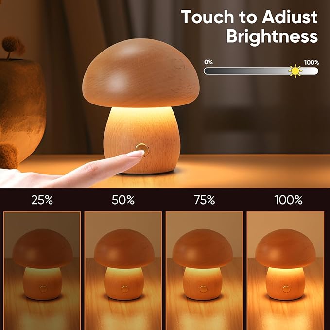 2 Pack Wooden Mushroom Lamp, Portable Cordless Small Rechargeable Battery Operated Lamp,Stepless Dimming, Night Light for Birthday Gifts