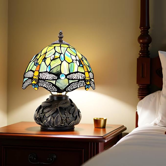 Small Tiffany Mushroom Table Lamp,Mini Memory Sympathy Antique lamp 8X11 Inch (Brown Dragonfly)