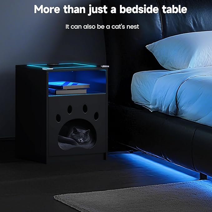 Night Stand with Charging Station and LED Lights Smart Bedside Table Adjustable RBG Lighting Decorative Cat Door Modern Nightstand Glass Tabletop Wood End Tables for Bedroom,Office