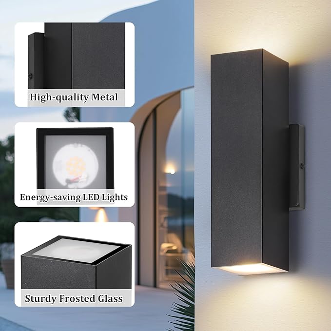 BesLowe 2-Pack Outdoor Wall Lights, LED Up and Down Lights Outdoor, Modern Wall Sconces Porch Light, Black Exterior Lighting Fixtures Wall Mount, Outside Lights for House Front Door Garage, 3000K