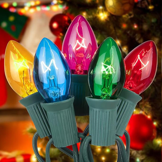C7 Christmas String Lights-25Ft Vintage Christmas Lights with 27 Multicolor C7 Light Bulbs (2 Spare),C7 Christmas Lights Outdoor for Christmas Party Backyard Wedding- Green Wire