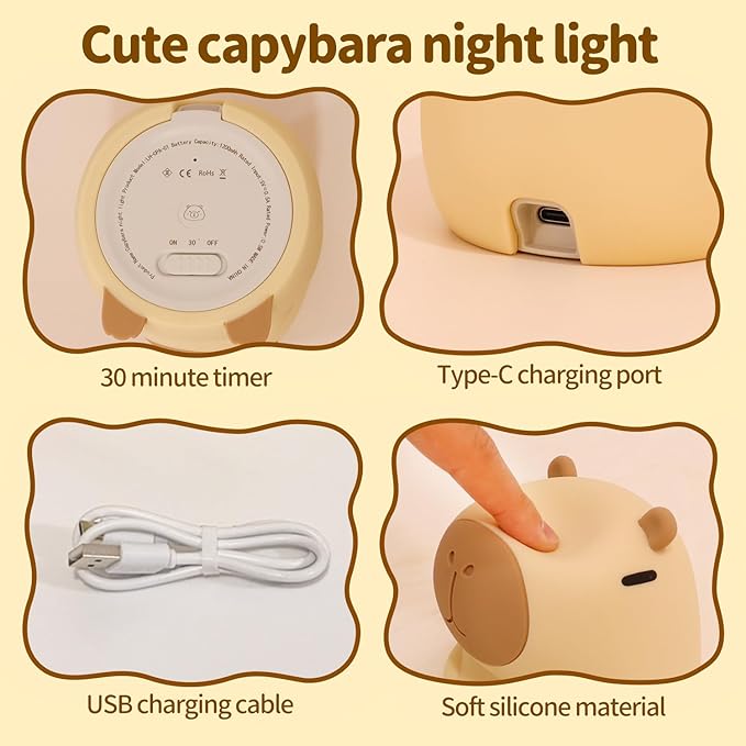 Capybara Night Light Squishy, 50Hrs Nursery Night Light, Touch Control 2 Brightness, 30Min Auto-Off, Rechargeable Bedside Lamp for Baby Kids, [Easter Gifts]