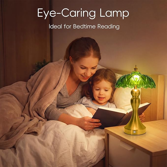 Cordless LED Table Lamp with Glass Shade, 3-Level Brightness & 3 Color Temperatures Touch Control, Rechargeable Portable Bedside Lamp for Nightstand Bedroom Living Room (Green)