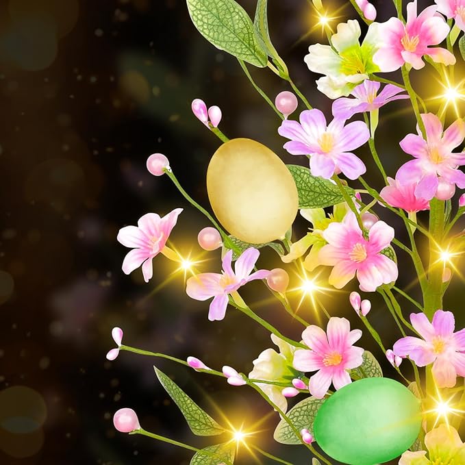 2 Pack & Timer - Easter Decorations, 21 Inch Easter Tree Tabletop with 20 Warm White Lights Battery Operated Large Colorful Eggs Colorful Berries Artificial Tree Easter Decor Spring Home Party