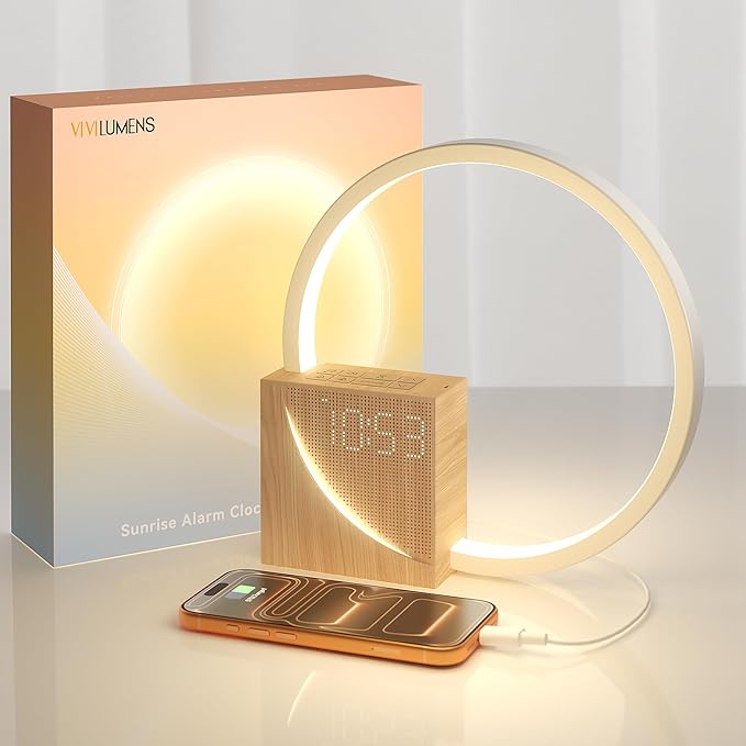 Vivilumens Sunrise Alarm Clock for Heavy Sleepers Adults, Wake-up Light, Sleep Aid 10 White Noise Sound Machines with 30/60/90 Timer, 3 Level Dimmable Touch Table Lamp with Snooze USB Charger Port