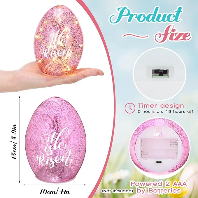 3 Pack Easter Egg Light Decorations, He is Risen Table Centerpiece Lights with Timer Mercury Glass Egg Lamps, Spring Easter Decorations Indoor, 6 Inch Lighted Eggs for Home Decor Battery Operated