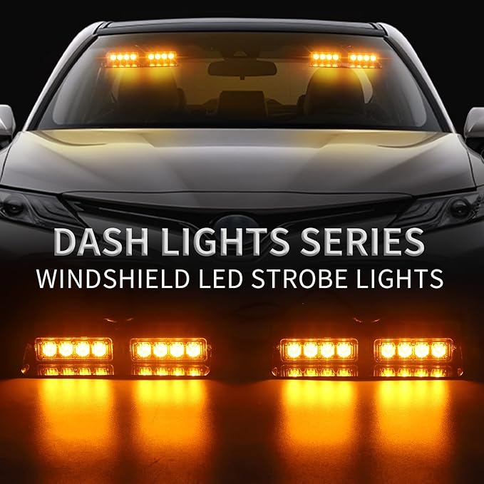 XRIDONSEN Amber 2 in 1 Emergency Dash Strobe Lights Interior Windshield Lights Hazard Warning Safety Flashing w/Suction Cups for Construction Trucks, Vehicles Car (2×7.16 inch, 16 LED)