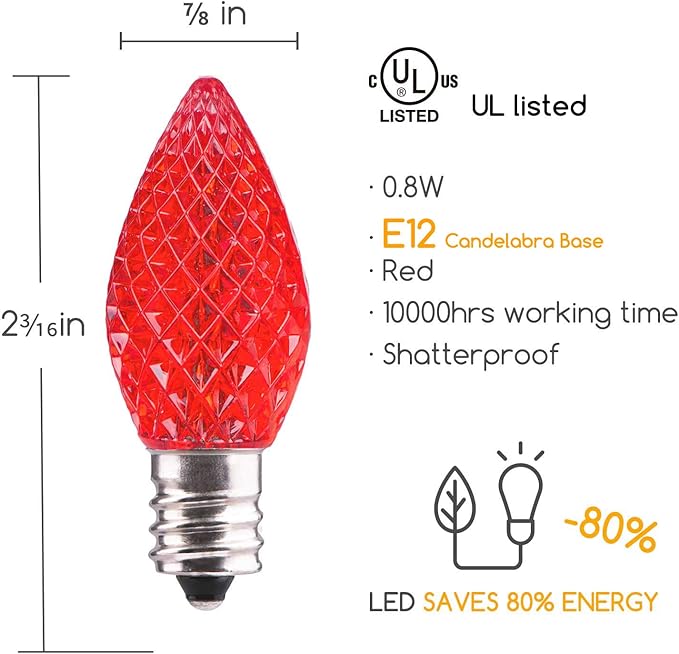 25 Pack C7 Led Replacement Christmas Light Bulb, Shatterproof C7 Led Bulbs for Christmas String Lights, E12 Candelabra Base, Commercial Grade Dimmable Holiday Bulbs, Red