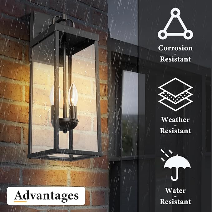 Outdoor Wall Sconce Lights, 20 Inch Tall Transitional Exterior Wall Lighting with Clear Glass, Modern Black Carriage Lantern Lamp Outside for Front Porch Garage Garden Patio Corridor Doorway