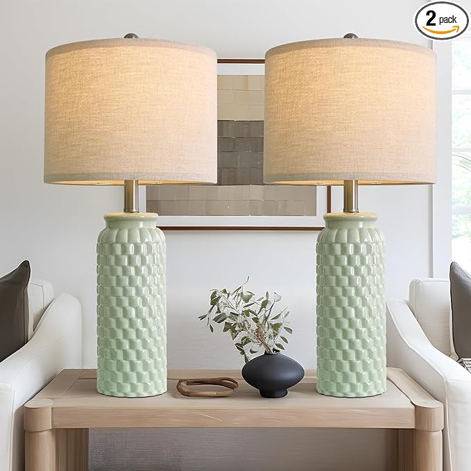 24" Modern Ceramic Green Bedside Lamp Set of 2 Table Lamp for Bedroom Decor Farmhouse Table Lamp for Living Room Office Dorm