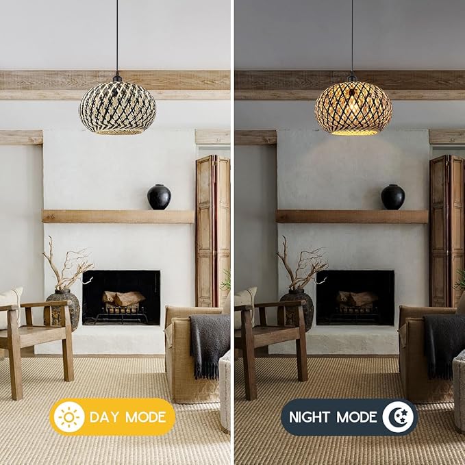Island Pendant Light Black Natural Hand-Woven Bamboo Pendant Lights 1-Light Boho Light Fixtures Farmhouse Rustic Hanging Lamp for Living Room Dining Room Bedroom
