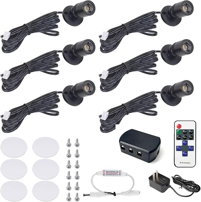 DEDC 6Pcs Led Mini Spot Light, Indoor Picture Lights, 1.5W 12V 6000K Art Light, Accent Up Lights with Wireless RF Dimmer, Closet Spotlight for Plants Jewelry Showcase Model Display Shelves