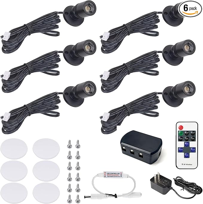DEDC 6pcs LED Mini Spot Light, 3000K Spotlights with RF Dimmer, Art Picture Lights, Closet Spotlight for Plants Jewelry Showcase Model Display Shelves (Warm White-Remote Control-U.S. Plugs)