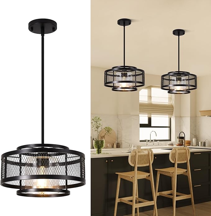 13" Modern Pendant Lights Kitchen Island, Matte Black Pendant Light Fixtures with Clear Glass Shade, Industrial Farmhouse Hanging Pendant Lights for Kitchen Island Dining Room Bedroom Hallway Entryway