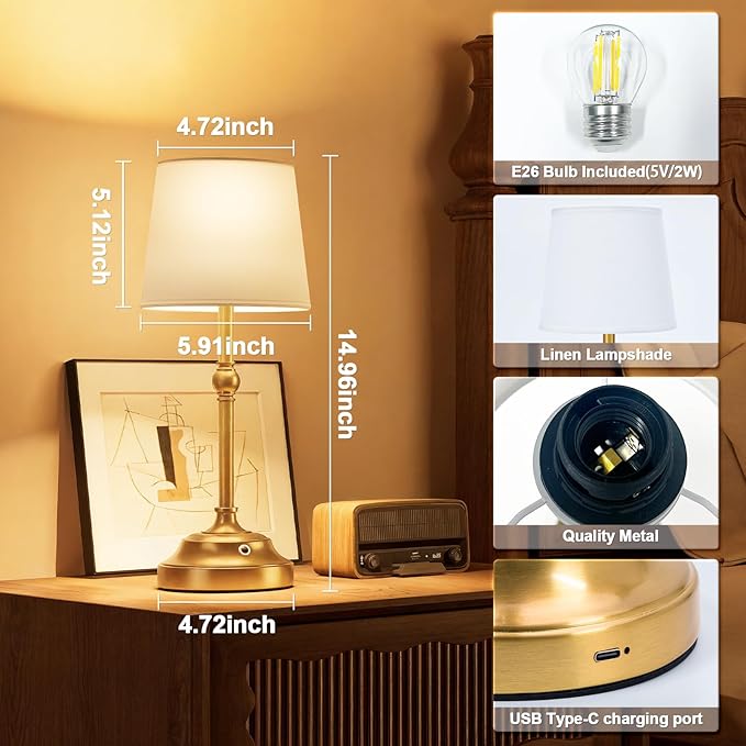 VOLISUN Cordless Table Lamp, 5200mAh Battery Operated Lamp, Touch Dimmable Wireless Lamp Bedside Light for Bedroom, Living Room, Dining Room (Gold, 1 Pack)