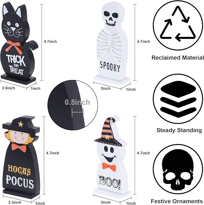 Halloween Decorations Indoor, DECSPAS 4 PCS Wood Blocks Halloween Table Decor, Ghost Black Cat Skull Witch Gothic Tabletop Ornaments, Hocus Pocus Decorations for Home, Tiered Tray, Shelf, Mantel