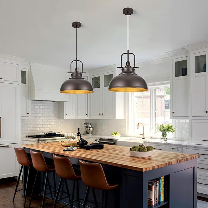 TAKEGO 15.8” Large Farmhouse Pendant Lights Kitchen Island, Oil Rubbed Bronze Rustic Pendant Light Fixture, Vintage Dome Pendant Light, Industrial Hanging Ceiling Lamp for Dining Room, Hallway