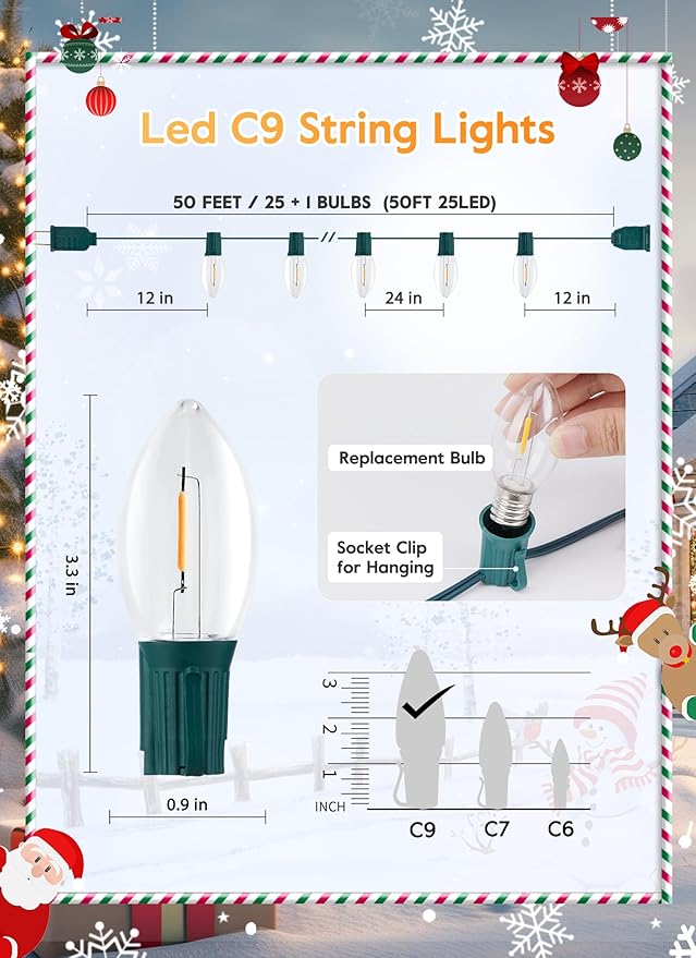 Vintage C9 LED Christmas Lights Outdoor, 50 Feet C9 String Lights with 25 Shatterproof C9 Bulbs, Waterproof Connectable Christmas Tree Lights for Outside Roofline Patio Xmas Decorations, Warm White