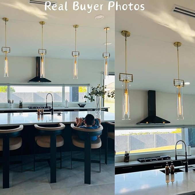 Modern Gold Pendant Light Set of 2, 21.6'' Pendant Lights Kitchen Island, Adjustable Height Brass Glass Pendant Light Fixtures, Large Pendant Lights for Dinning Room Farmhouse Bathroom