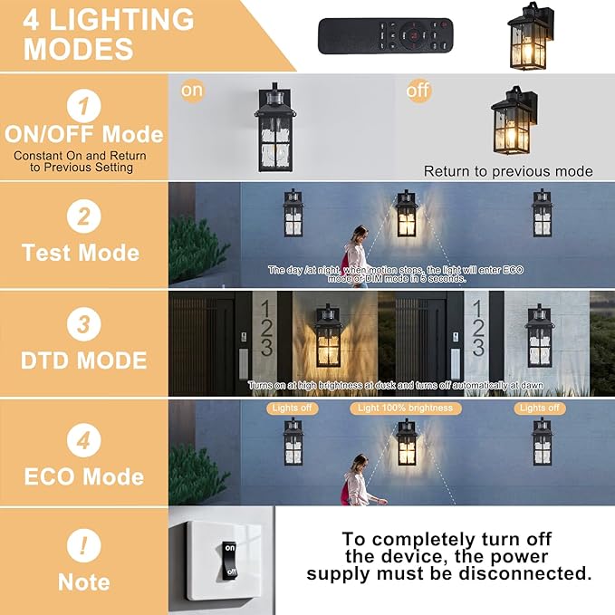 Porch Lights with GFCI Outlet with Remote,Dusk to Dawn Motion Sensor Outdoor Light, Upgraded 4 Lighting Modes Exterior Fixture Waterproof Outside Lights for House Patio Garage