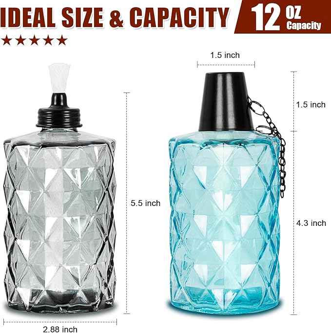 Nonley Glass Table Top Torches, 4 Pack Citronella Torches for Outside, 12oz Flame Light Torch,Refillable, Wick and Cap Included, Landscape Lanterns Torches for Garden Yard Patio Party Decor