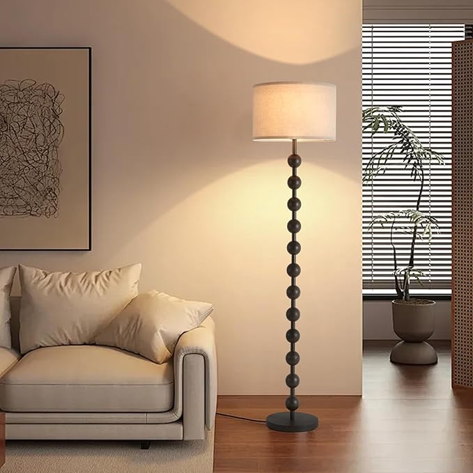 Modern Dimmable Floor Lamp with Remote Control for Living Room Bedroom, Dark Brown Wood Pattern Tall Standing Lamp Light for Home Office Dining Room with Fabric Shade