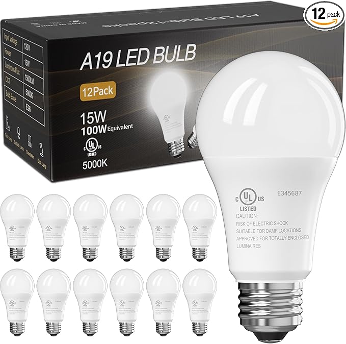 TJOY LED Light Bulbs, 100 Watt Equivalent A19, 5000K Daylight LED Bulb, 15W Bright White Energy Saving Lightbulbs with E26 Standard Base, 1500 Lumens Non Dimmable Lamp for Home Bedroom Indoor, 12 Pack