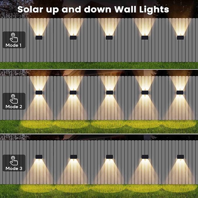 Fence Lights Solar Powered, 6-Pack Solar Fence Lights Up/Down Flexible Buttons, IP67 Waterproof for Outdoor, 100LM Bright, Auto Dusk to Dawn for Wall/Stairs/Yard/Railing/Deck/Pathway (Warm White)