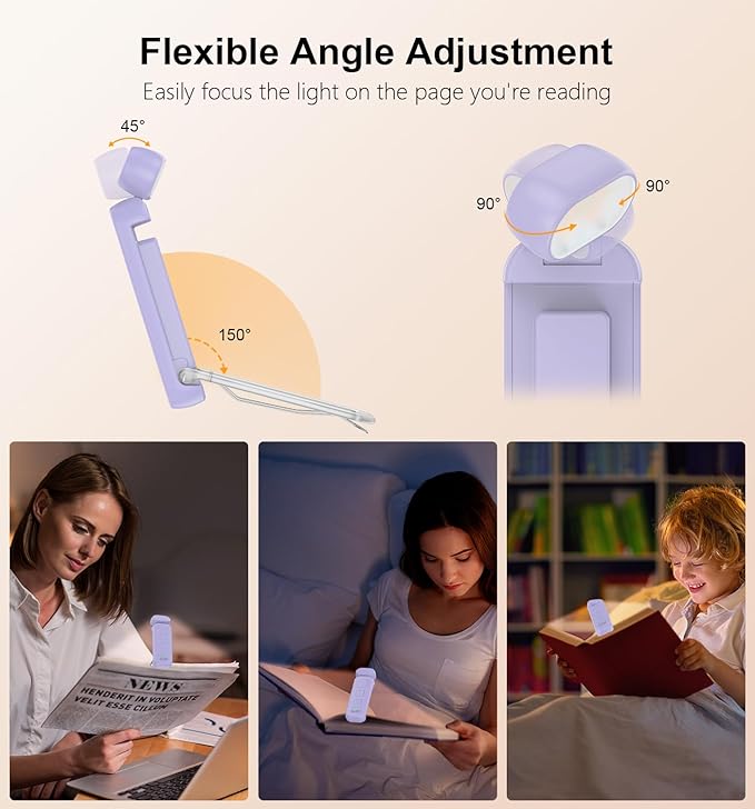 Gritin Reading Light, Book Light for Reading in Bed - Eye Caring 3 Colors, 5-Level Dimmable Brightness,Long Lasting, Compact Size Rechargeable Clip on Book Reading Light for Book Lovers-Purple