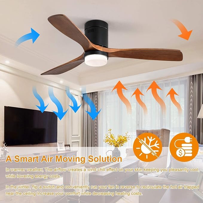 52 Inch Low Profile Ceiling Fans with Lights and Remote, 6-Speed Dimmable Outdoor Ceiling Fan with Light 3 Walnut Blades Wood Ceiling Fan with Timer, Reversible DC Motor for Patio Bedroom Farmhouse