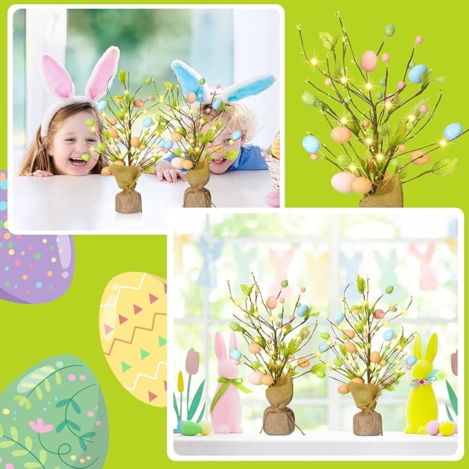 Marsui 2 Pcs Easter Egg Tree Decorations 18 Inch Pre Lit Easter Egg Tree Tabletop Decor with LED Light Spring Party Decoration Gifts for Home Table Centerpieces Pastel Blue Pink Yellow