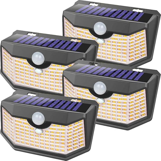 HMCITY 120 LED Outdoor Solar Lights- with Motion Sensor and 3 Lighting Modes, IP65 Waterproof Wide Solar Wall Lights Ideal for Garden Patio Yard (Front Button 4Packs, Black Shell-Warm White)