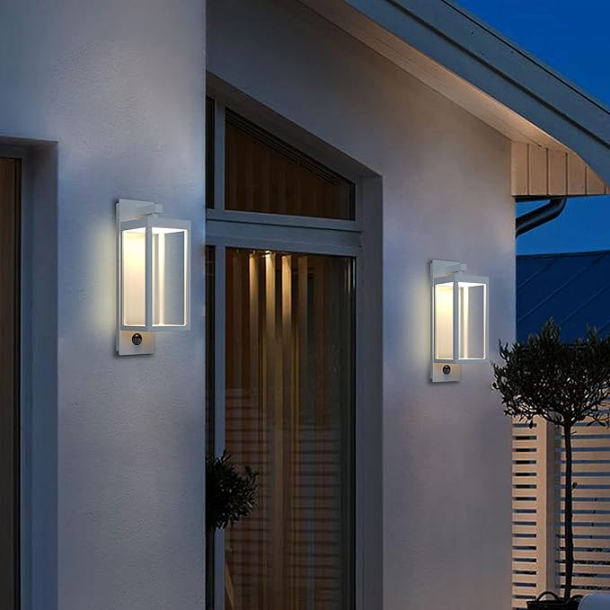 Lustrlach Outdoor Motion Sensor Wall Lights,15In Modern LED Exterior Sconce White Porch Light Fixture IP54 Waterproof with Glass for House Patio Garage Garden