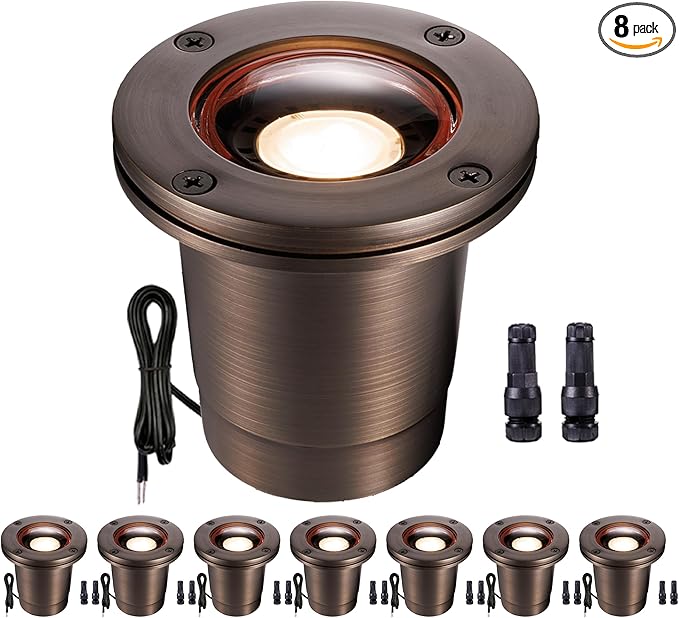 Gardenreet Low Voltage Well Lights for Landscaping - Brass IP67 Outdoor In-Ground Light, 12V LED Hardwired Landscape Lighting, Antique Bronze for Pathway Tree Lawn Without MR16 Bulb (8 Pack)