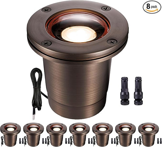 Gardenreet Low Voltage Well Lights for Landscaping - Brass IP67 Outdoor In-Ground Light, 12V LED Hardwired Landscape Lighting, Antique Bronze for Pathway Tree Lawn Without MR16 Bulb (8 Pack)