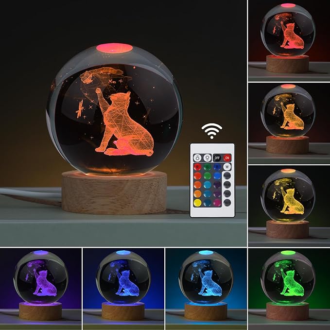Cat Gifts for Cat Lovers for Women, Large 3D Night Light, Crystal Lamp 16 Color Changing with Remote Control for Bedroom Decor, Play with Butterfly