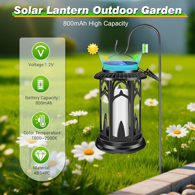 Solar Lanterns Flickering Flame Outdoor Metal Solar Light Waterproof Solar Powerd Led Flame Lights with Battery Compartment Dual Mode for Patio Fence Garden Yard Trees Lawns Decorations(Pack of 2)