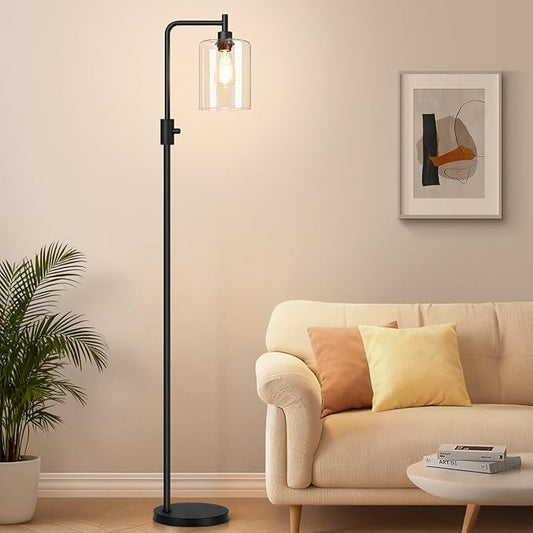 【Upgraded】Dimmable Floor Lamp for Living Room with Glass Shade, Black Modern Industrial Floor Lamp with 900LM LED Bulb Included, Bright Standing Tall Lamp for Bedroom, Office, Reading Room, Corner
