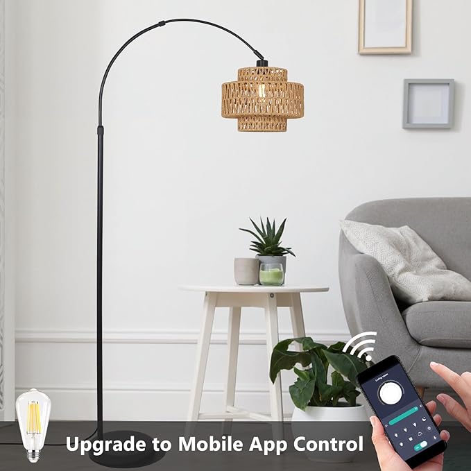 HMVPL Arc Floor Lamp for Living Room, Boho Rattan Floor Lamp with Remote, Black Standing Lamp with Dimmable Blub Timer, Farmhouse Arched Tall Lamp for Bedroom Reading Over Couch (Height Adjustable)