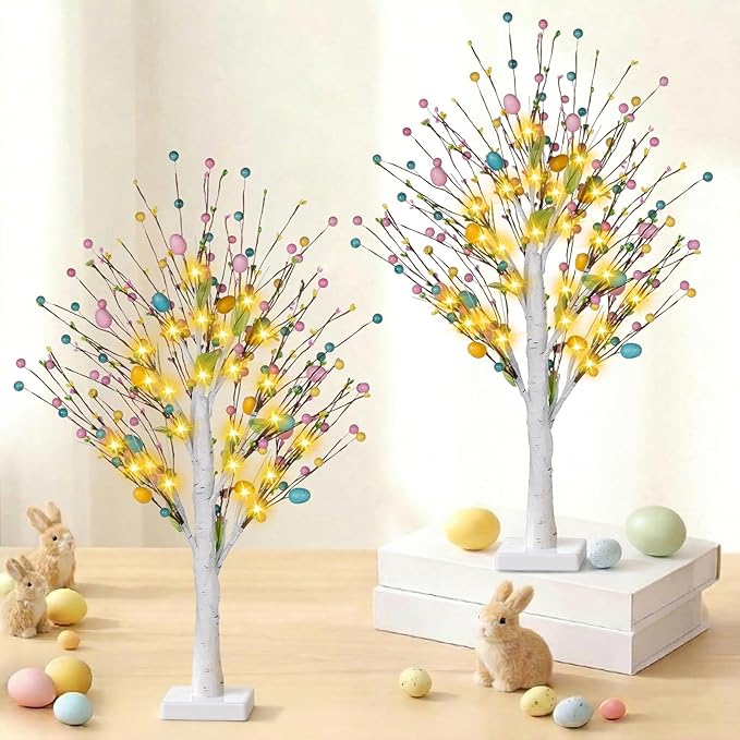 Easter Decorations 2 Pcs 25inch Lighted Easter Tree with Timer&Battery Operated,Pre-Lit Easter Egg Tree Tabletop Decor with LED Lights,Eggs,Artificial Birch Trees for Home Party Mantel Indoor Spring