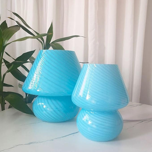 Swirl Mushroom Lamp, Translucent Glass Table Bedside Lamps Italian Style Modern Striped Desk Light for Baby Home Decoration of Dining, Living, Study (Striped Blue, Maxi Dia8.7*H9.9 Inches)
