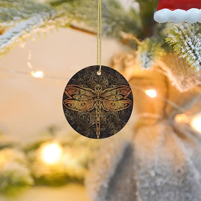 Exquisite Golden Dragonfly Mandala Christmas Ornaments, Christmas Decorations Xmas Tree Hanging Ornaments, Round Ceramic Festive Keepsake Gift for Christmas Decorations Holiday Home Party Decors