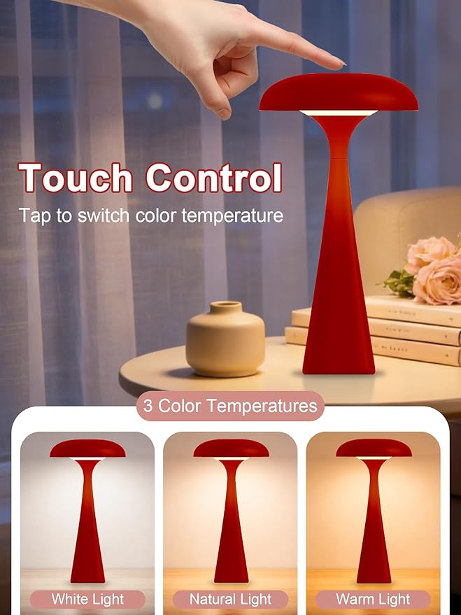 Cordless Table Lamp,Touch LED Reading Light,Cute Desk Lamp with 3 Colors Dimmable,Rechargeable Small Bedside Lamp,Vintage Mushroom Lamp for Bedroom Living Room Dorm Decor(Red)