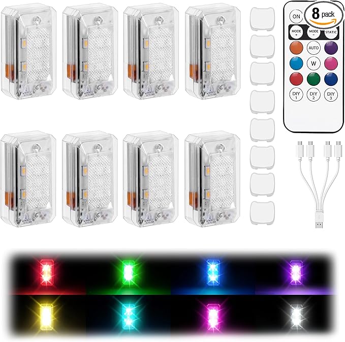 Asunder 8PCS Upgraded 500mAh Wireless LED Strobe Lights with Remote,8-Color Waterproof Rechargeable Emergency Lights with 11 High-Brightness LEDs for Cars,Motorcycles,Bikes,Drones&Aircraft