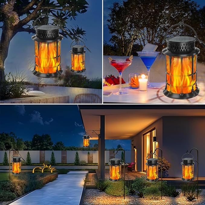 Solar Lanterns Outdoor Waterproof,Upgraded Flickering Flame Lights, Hanging Solar Lanterns Lights, Solar Powered Decorative for Garden Yard Pathway, 2 Pack