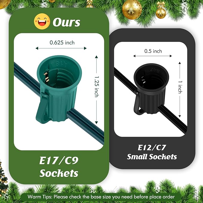 Brightever C9 Commercial LED Socket Set Spool 1000 FT, E17 Light Sockets Set, Strands Custom Roof Line Decorative Lighting - 12 Spacing Intermediate Base 18 Gauge Green Wire String Lights