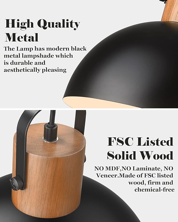 ELYONA Dome Pendant Light 16" Vintage Chandeliers Rubber Wood & Black Metal Hanging Lamp Adjustable Industrial Large Pendant Light Fixtures for Kitchen Island Farmhouse Dining Living Room Hallway