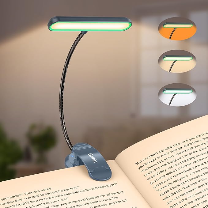 Gritin Rechargeable Book Light for Reading in Bed with 19 LED &Memory Function-Eye Caring 3 Color Temperatures,5 Brightness Levels,90 Hrs Runtime Flexible Goose Neck Clip on Light-Aquamarine
