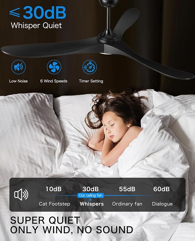 Ceiling Fans with Lights and Remote, 3 Solid Wood Blades, Outdoor Wooden Ceiling Fan with 2 Downrods for Patios, 52 Inch Modern Ceiling Fan with Noiseless Reversible DC Motor (Black)